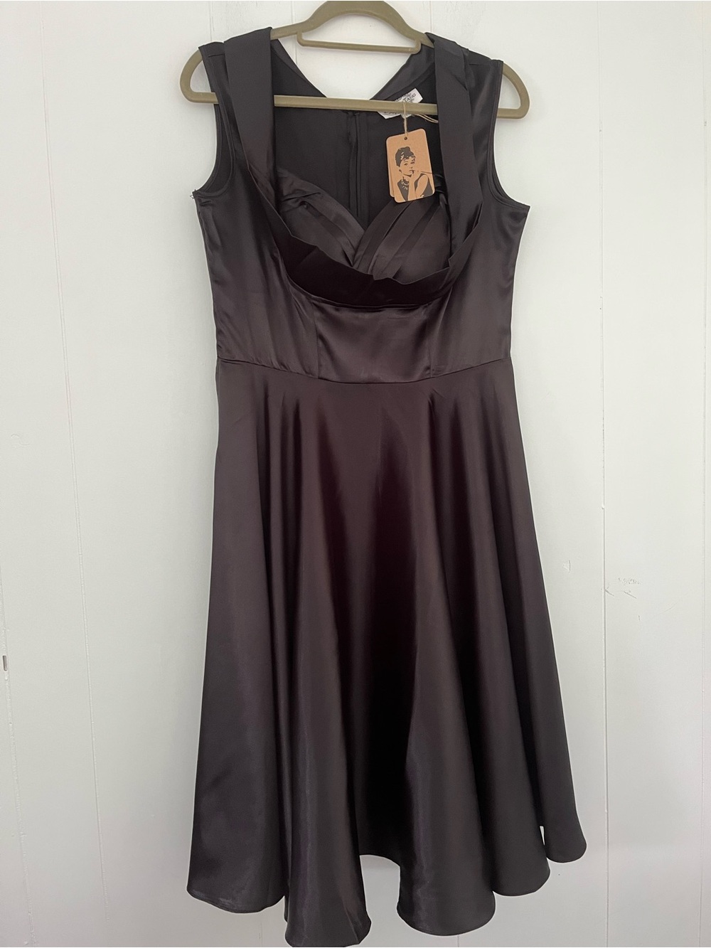 NEW Maggie Tang Satin Dress Fit & Flare Cocktail Dress with Draped Bust Sz Large